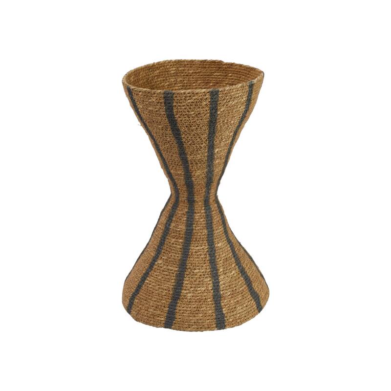 Hand-Woven Seagrass Hour Glass Shape Vase with Stripes, Natural & Black
