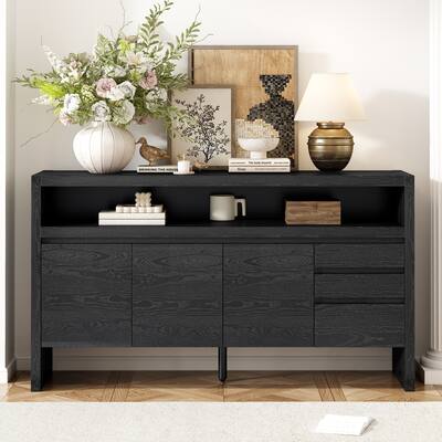60" 3-Door Sideboard with 3 Drawers - Modern Solid Ash Veneer MDF Sideboard, Semi-Open Shelf & Center