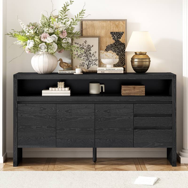 60" 3-Door Sideboard with 3 Drawers - Semi-Open Shelf & Center Semi-Circular Cutout in Back Panel - Black
