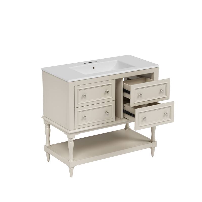 Bathroom Vanity with Ceramic Sink, Solid Wood Vanity Set with 4 Drawers, Bathroom Storage Cabinet with Open Shelf