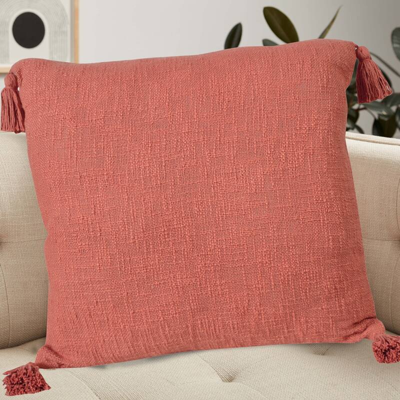 Handwoven Solid Square Throw Pillow Cover with Tassels - 20" - Orange