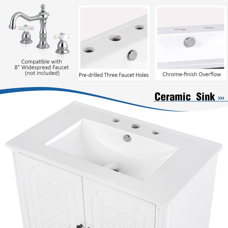 30" Bathroom Vanity with Smooth Ceramic Sink, Adjustable Shelf, Vintage Style with Door Shelf and Drawer
