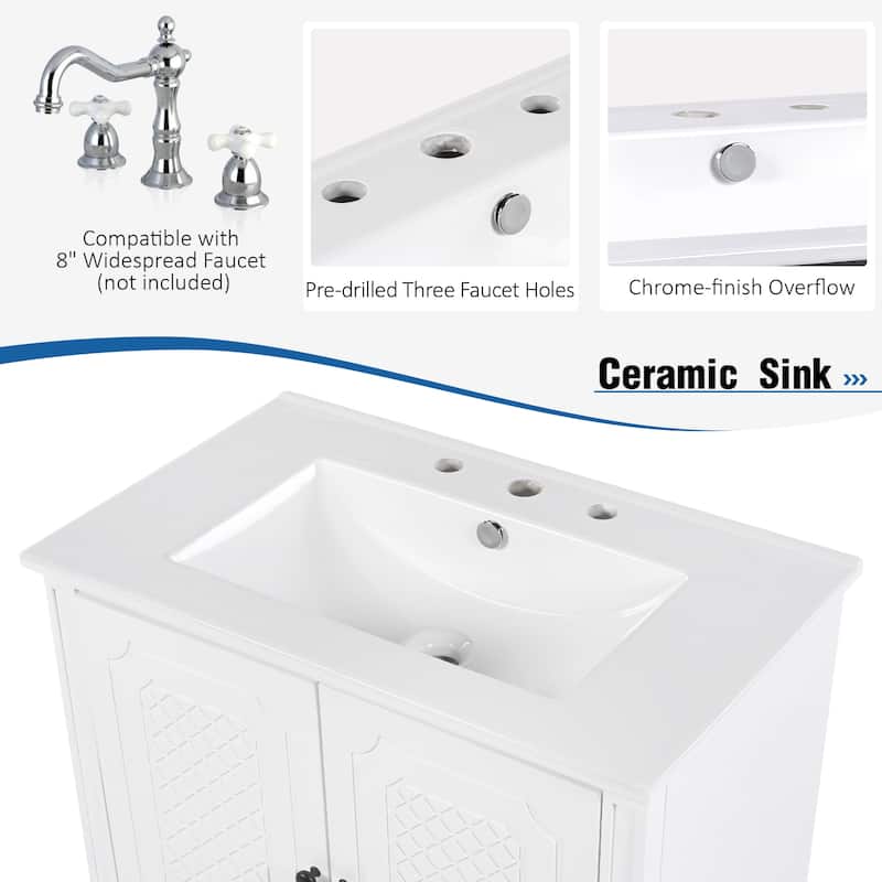 30 Inch Freestanding Bathroom Vanity with Ceramic Sink, Vintage Design, Drawer Storage, Soft Close Doors