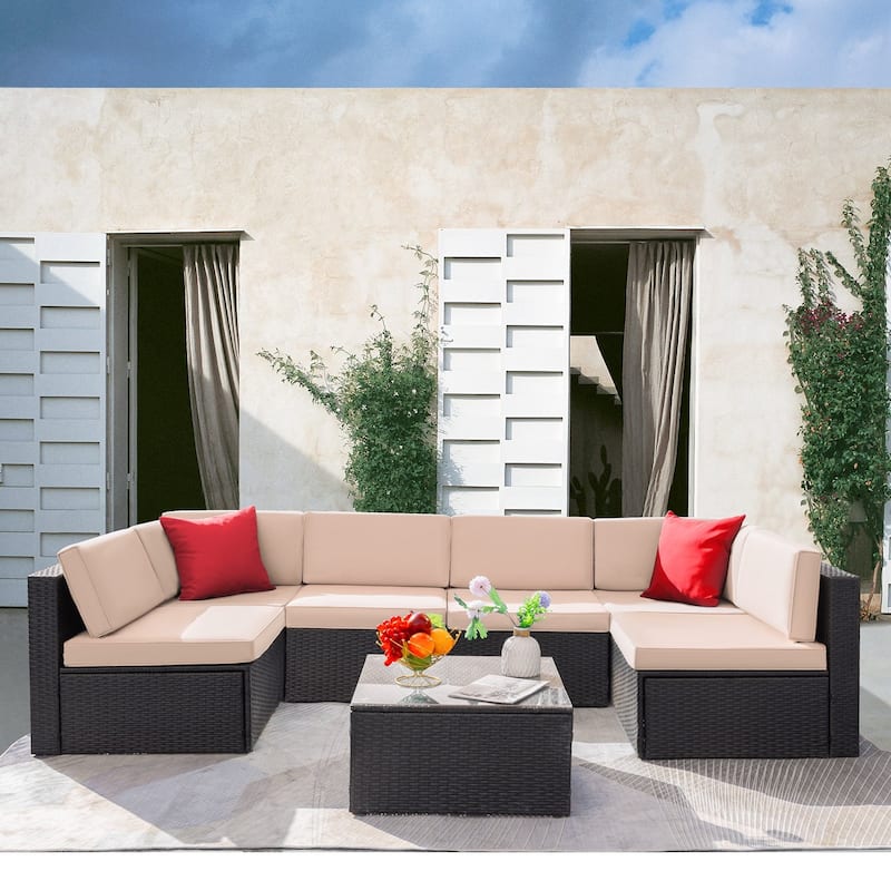 Lacoo 7 Pieces Outdoor Sectional Sofa Wicker Rattan Conversation Sets