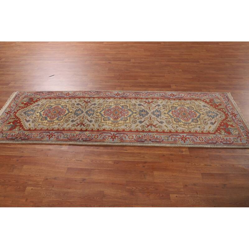 Geometric Gray Kazak Indian Runner Rug Handmade Wool Carpet - 2'6"x 7'11"