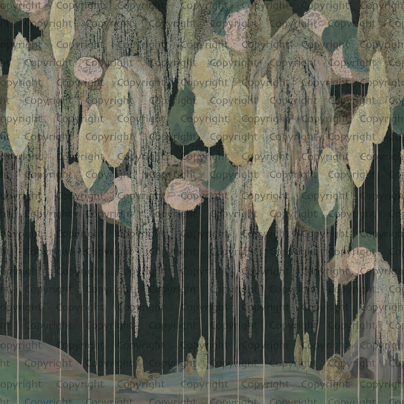 Enchanted Hanging Botanical Elements Wallpaper Mural - Green - W:204" x H:110"