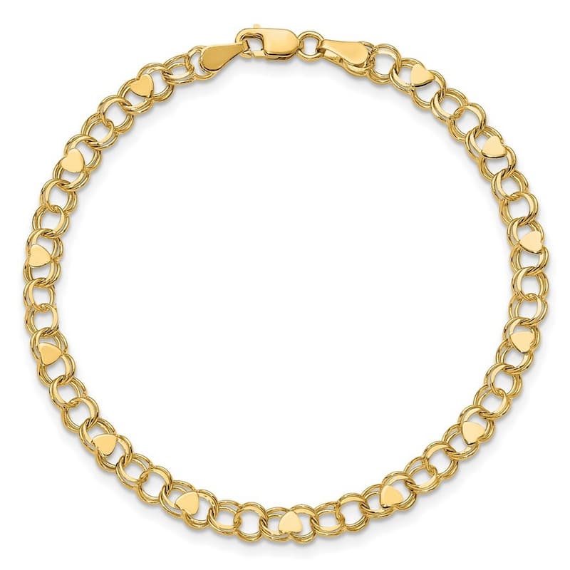 Curata 10k Yellow Gold 4mm Double Link Heart Charm Bracelet Options: 7" 8"