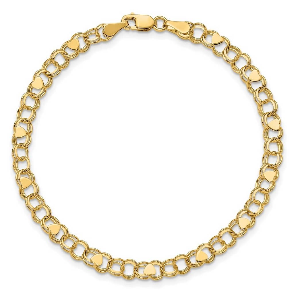Curata 10k Yellow Gold 4mm Double Link Heart Charm Bracelet Options: 7" 8"