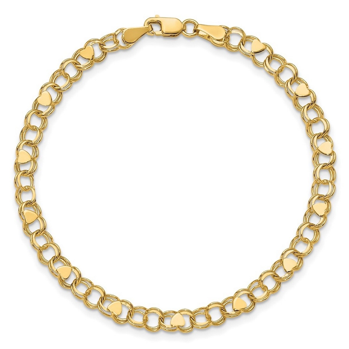 Curata 10k Yellow Gold 4mm Heavy Double Link Heart Charm Bracelet