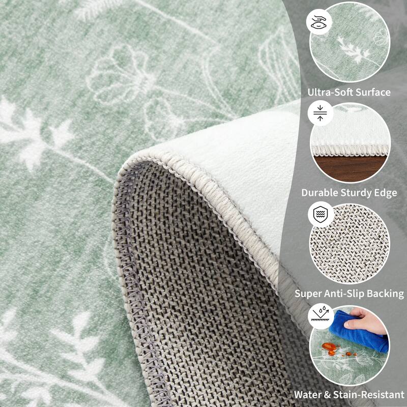 Botanical Washable Area Rug Modern Bird Pattern Rug Soft Non-Slip Low Pile Rugs for Living Room Bedroom
