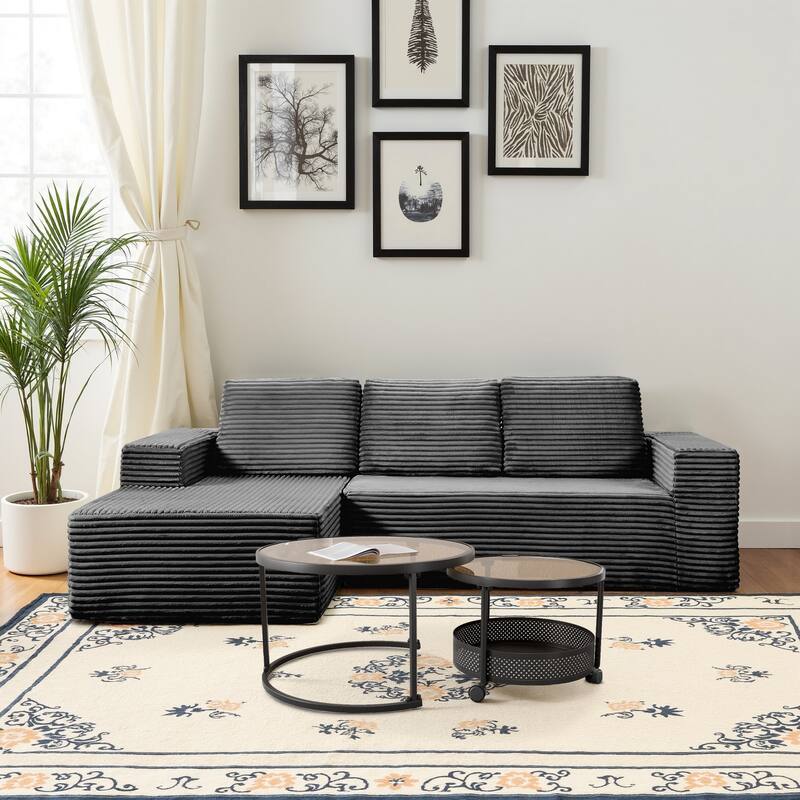 Meyreso No Assembly Required Long Plush L-Shaped Sectional Sofa with Round Nesting Coffee Tables - Grey - Right Chaise