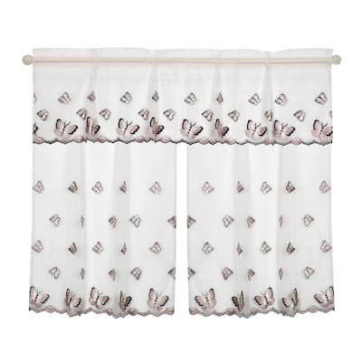 Violet Linen Paris Vintage Butterfly Boutique Lace, 3pc Set 60"x18" Valance, 30"x36" Tiers, Decorative Window Kitchen Curtain