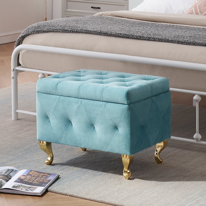 Button-tufted Storage Footrest Bench, light blue
