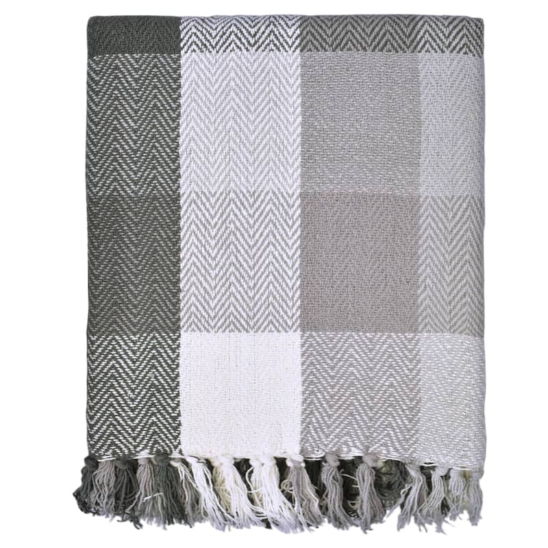 Fabstyles Herringbone Checkered Cotton Throw Blanket with Fringes