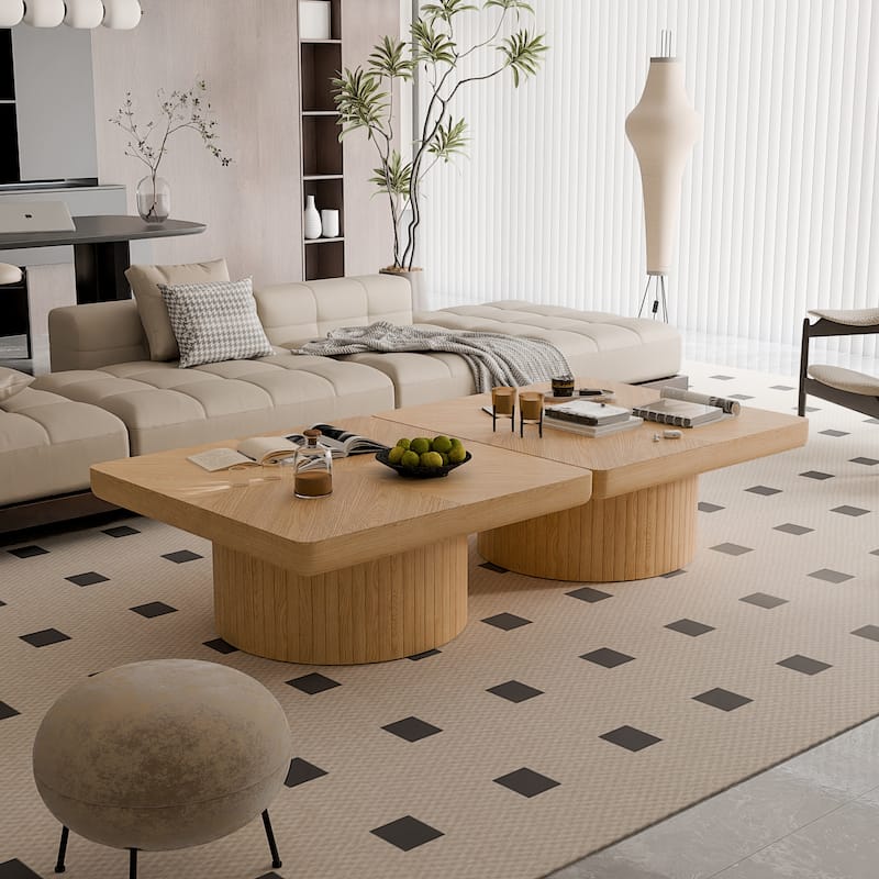 34.6" Modern Square Coffee Table with Parquet Wood Veneer Top & Cylindrical Base, Stylish Living Room Center Table