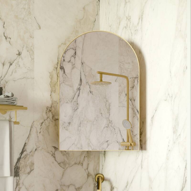 18x24 Inch Metal Corner Medicine Cabinet with Arched Mirror, Adjustable Glass Shelves, Space-Saving Bathroom Storage