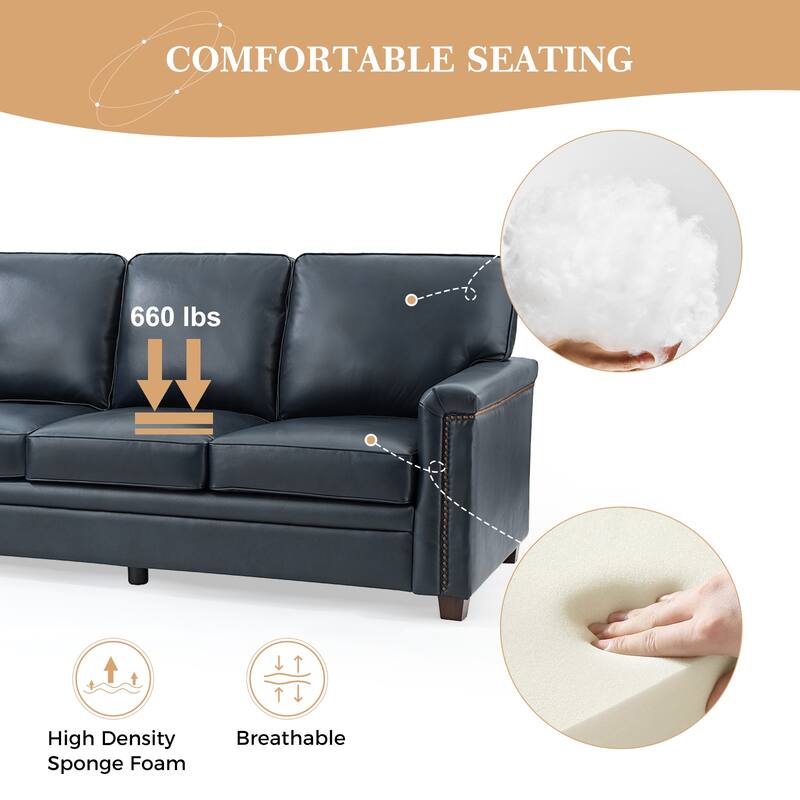Rita Transitional Living Room 3-Seat Genuine Leather Nailhead Sofa with Solid Wood Legs and Removable Cushions