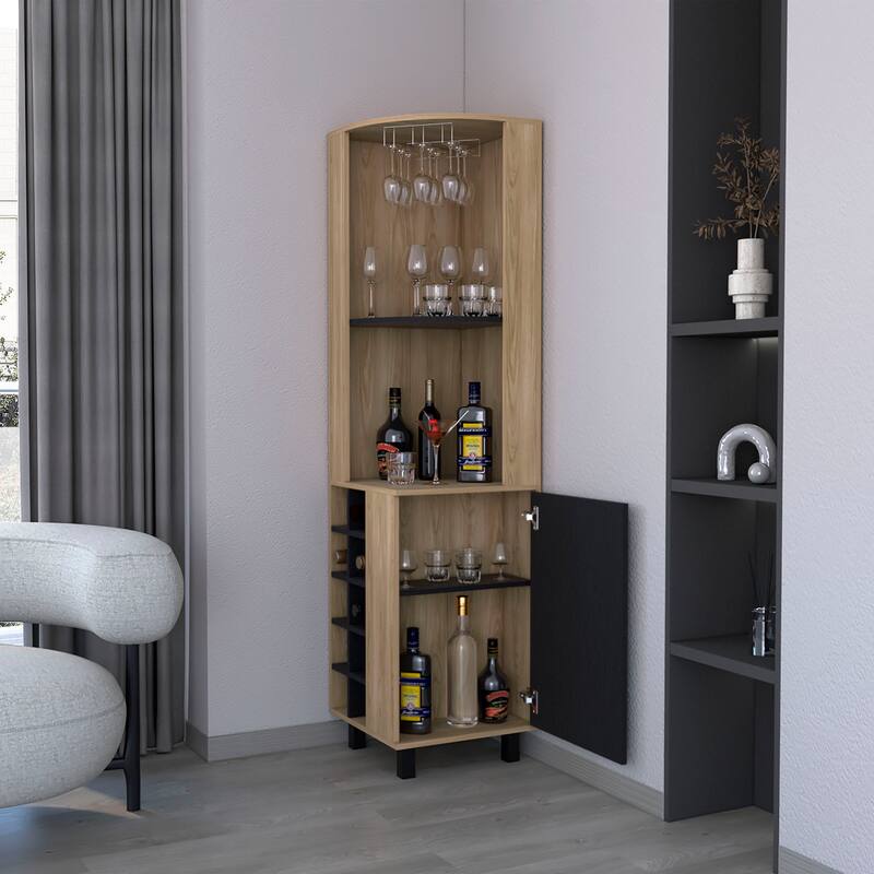 Kaia Corner Bar Cabinet with 4 Shelves, 10 Wine Cubbies, Cabinet, and Glass Rack - N/A