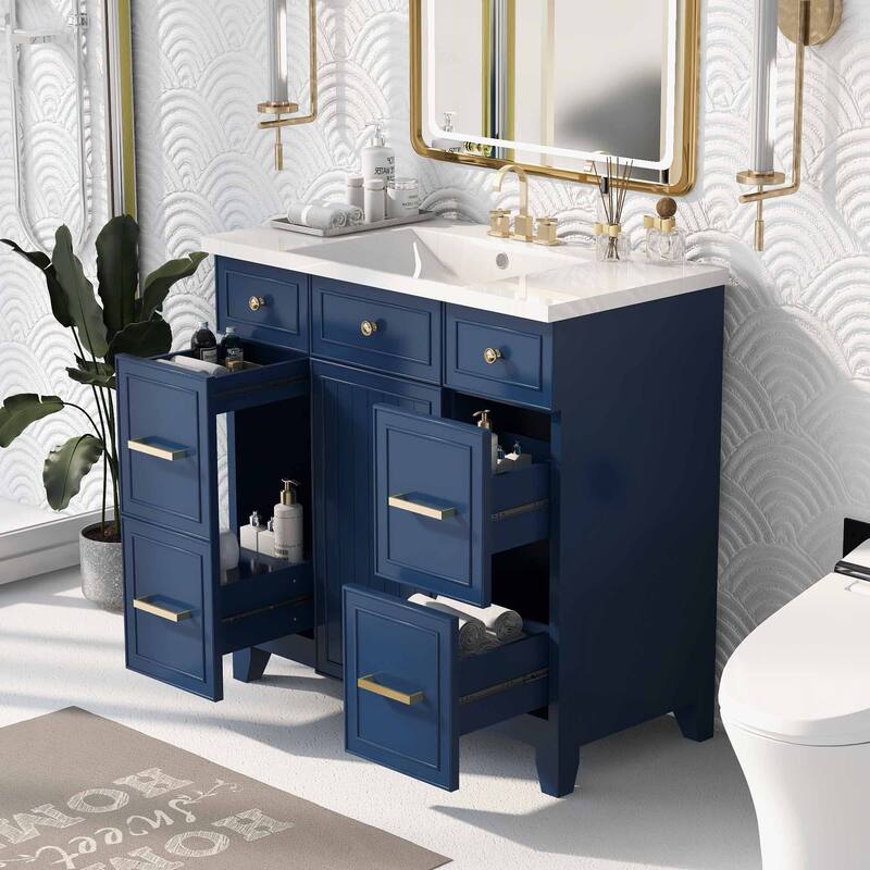 Modern 36-Inch Free-Standing Vanity with Single Sink, Storage Drawers & Adjustable Shelf