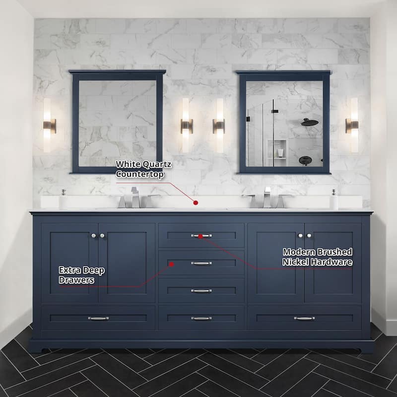 Dukes 80 in. W x 22 in. D Navy Blue Double Bath Vanity, White Quartz Top, and 30 in. Mirrors