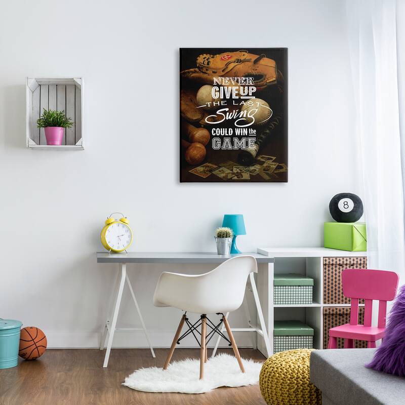 Stupell Never Give Up Phrase Baseball Cards Glove Bat Canvas Wall Art - Brown