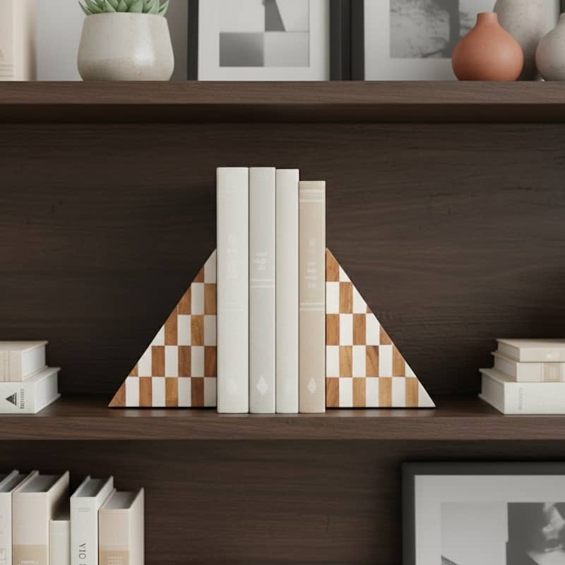 Decorative Resin Triangular Bookends with Checkered Pattern -7", Ivory - 7.0"