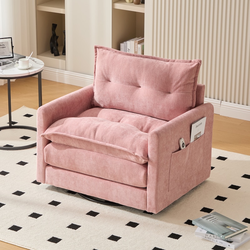 HOMEFUN Chenille Upholstered 360°Degree Swivel Mid Century Modern Arm Chair with Side Pocket for Living Room - Pink