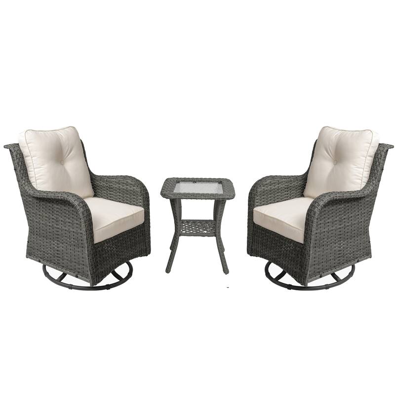 Outdoor 3 Pieces Rattan Wicker Bistro Set Swivel Rocker With Cushion & Table