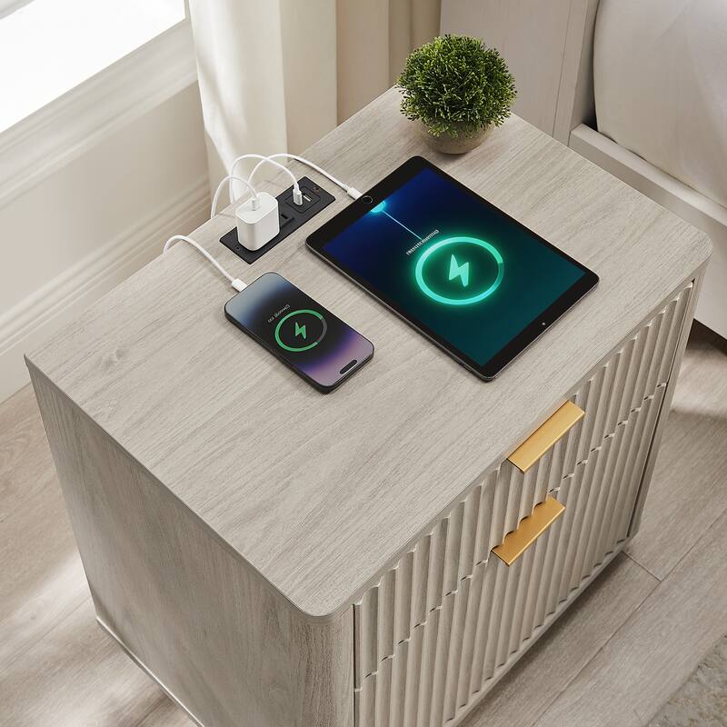 Modern Fluted Nightstand with Charging Station, 2 Drawer Bedside Table
