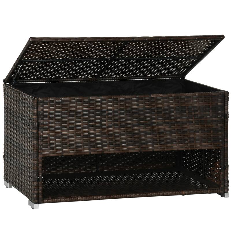 Pool Deck Storage Box Multipurpose Storage Box Rattan Deck Box with Liner and Spring-Assisted Lift for Indoor Outdoor Garden