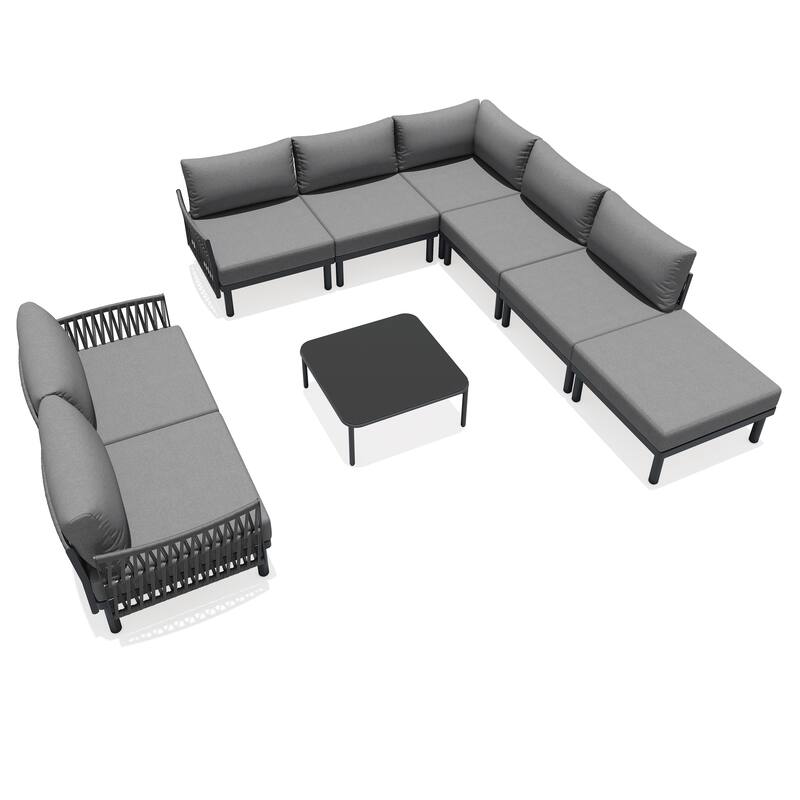 Outdoor Modular All-Weather Aluminum Cushioned Sectional Sofa Set with Deep Seating Patio Conversation Set - 8PC - Dark Grey
