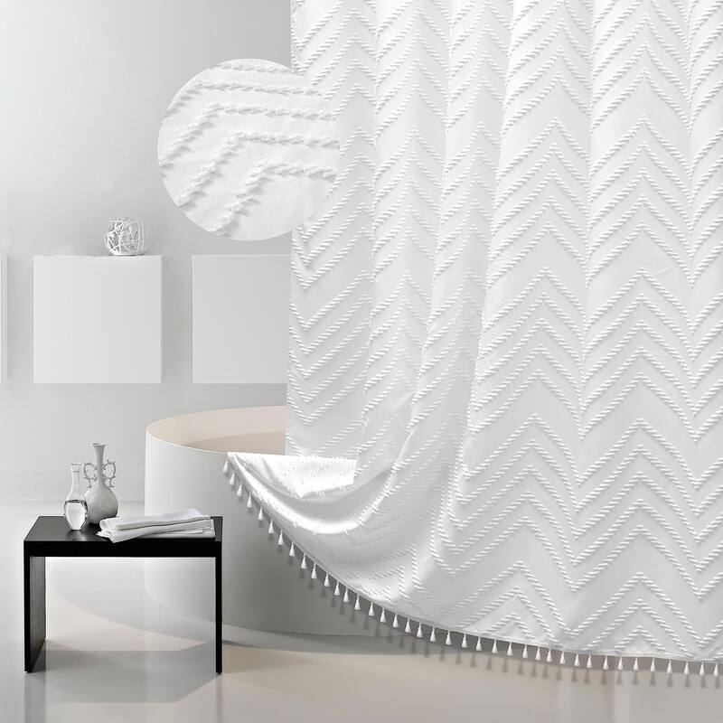 Boho White Tassel Shower Curtain, Farmhouse Woven Fabric, 72 x 72