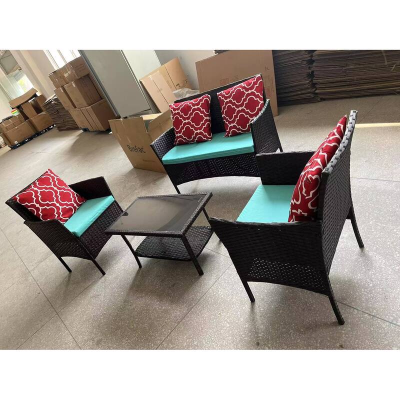 4-Piece Sofa Set Table With Sofa Chair PE Rattan With Cushion