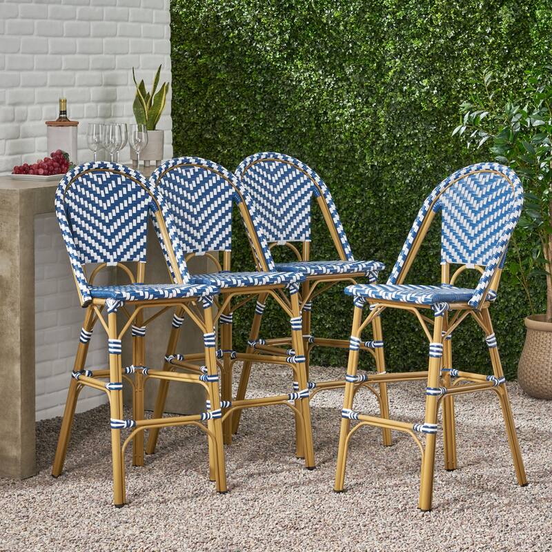 Kinner Outdoor Aluminum French Barstools (Set of 4) by Christopher Knight Home - 18.00" L x 23.75" W x 46.00" H - Navy Blue + White + Bamboo Print Finish