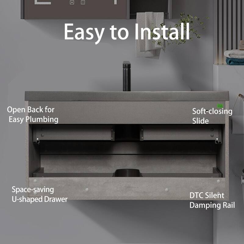 36" Wall-Mounted Floating Vanity with Premium Quartz Sand Basin, Grey Modern Storage Cabinet