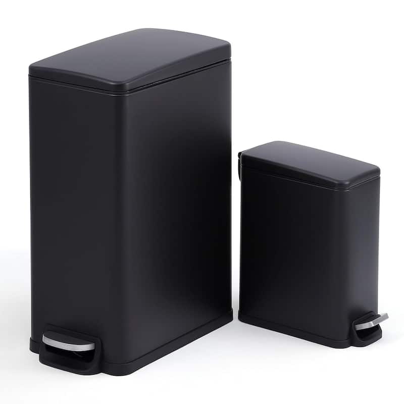 12 Gal + 2.6 Gal Stainless Steel Slim Trash Can Combo Set for Kitchen, Bathroom - Black