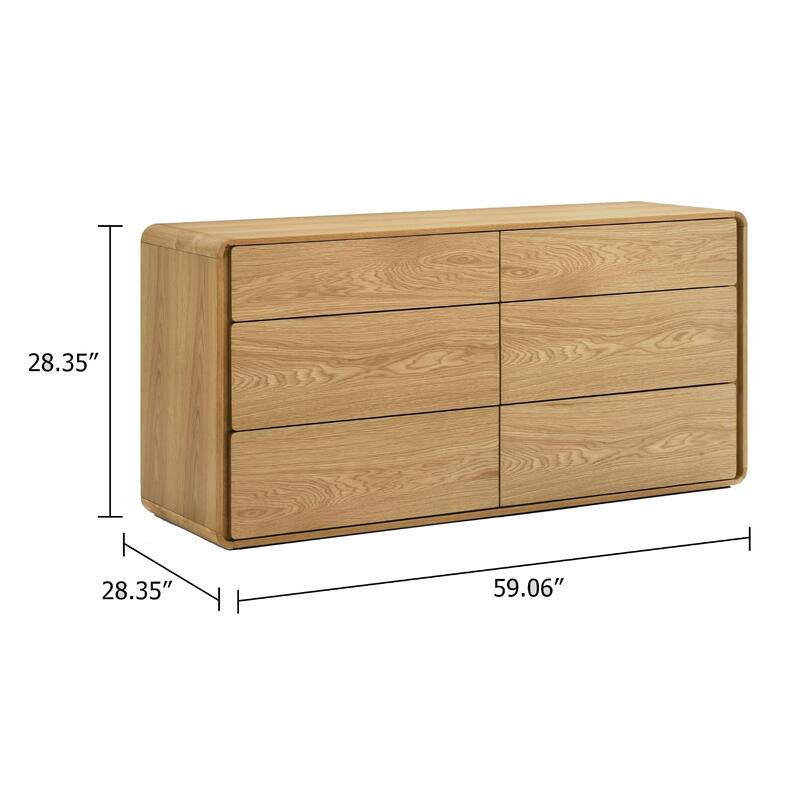 Aki 59 Inch Wide Dresser, 6 Drawers, Natural Brown Rubberwood and Veneer