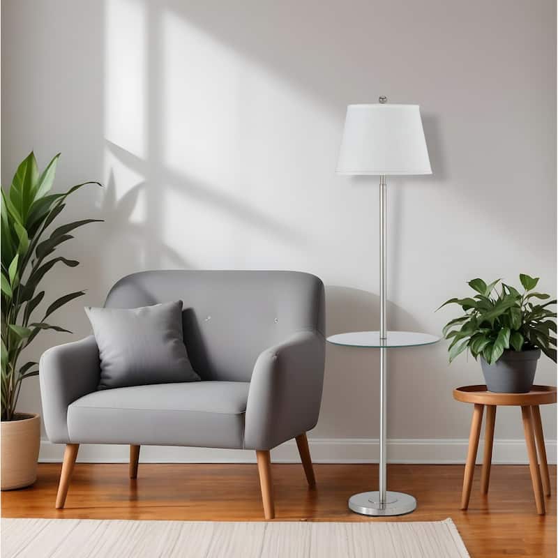 HomeRoots 60" Nickel Metal Tray Table Floor Lamp With White Fabric Square Shade - 17