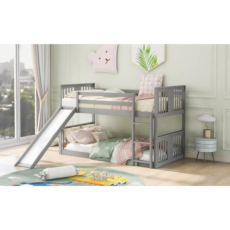 Gray Twin over Twin Size Solid Wood Bunk Bed with Ladder, Slide and Fence for Kids, Bedroom