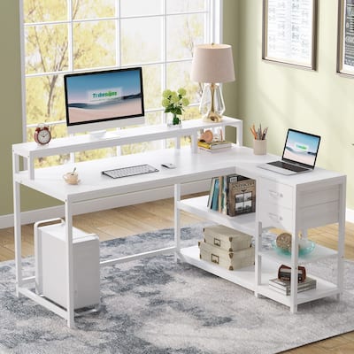 Modern L Shaped Computer Desk with Drawer and storage shelf