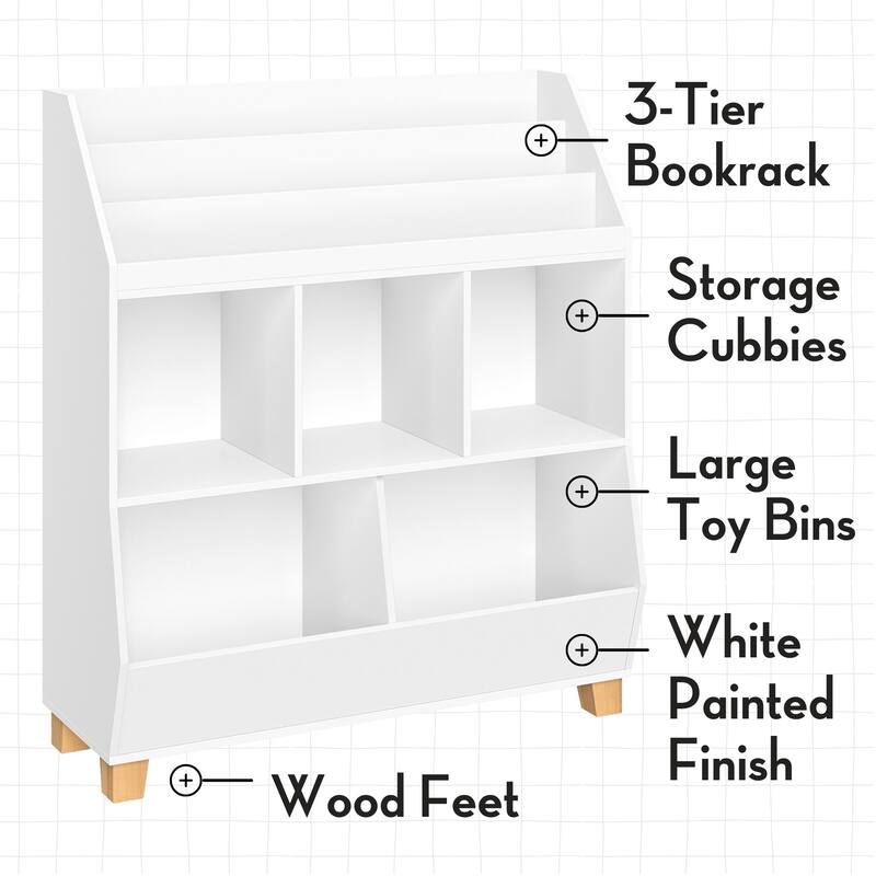 RiverRidge Kids Catch-All 35in Toy Organizer with Cubby Storage, Toy Storage Bins and Bookshelf - White