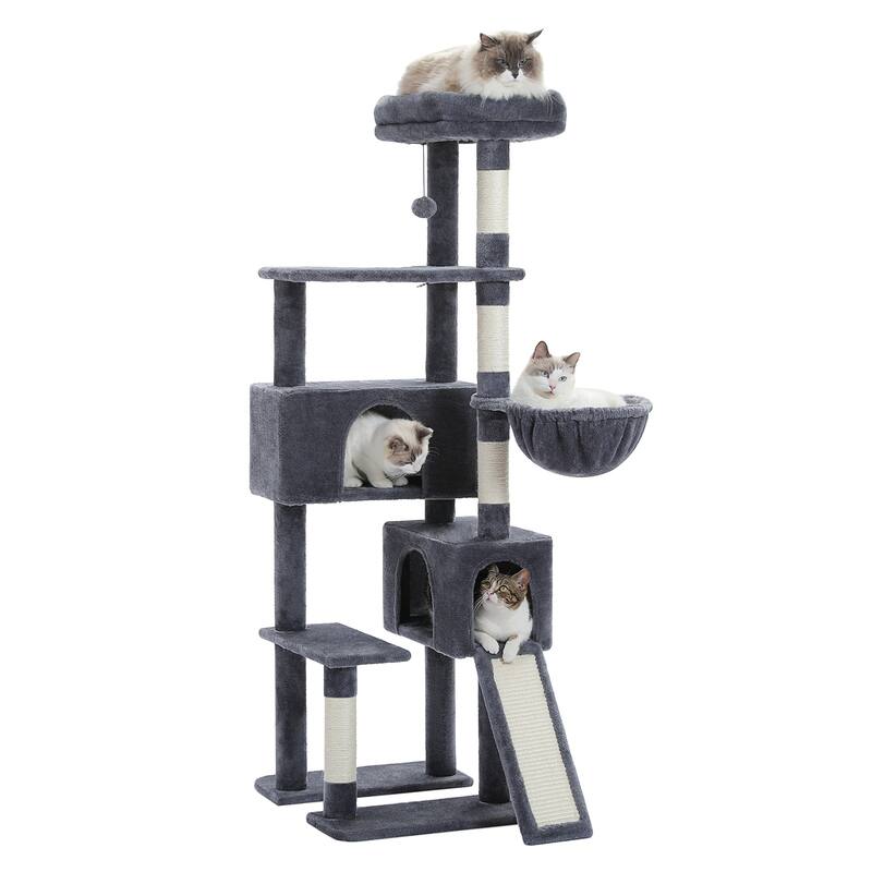 61" Indoor Large Cat Tree Cat Tower with Ladder and Dual Condos - Dark Grey