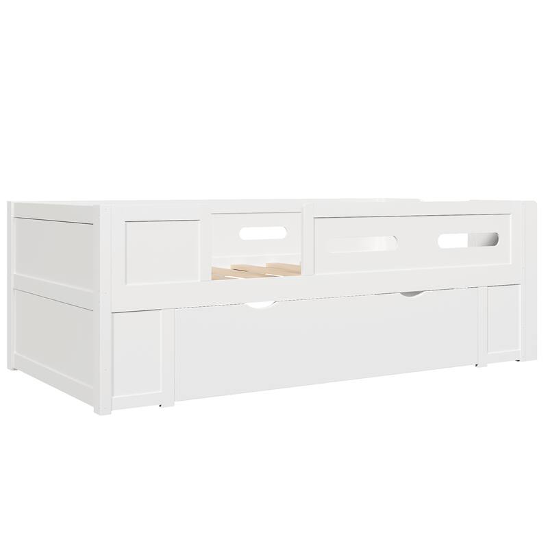 Roomfitters Full/Twin Size Wood Platform Bed with Underbed Storage Drawer and Safety Guardrails, Modern Low Loft Frame