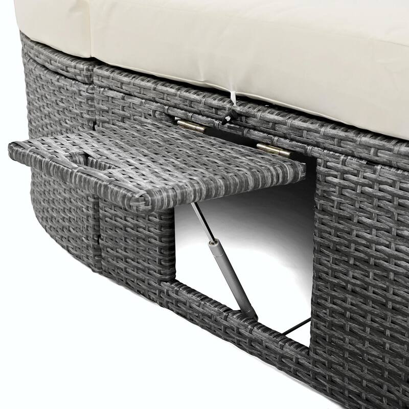 Rattan Patio Daybed with Cushions, Reclining Chaise Lounge, Foldable Trays