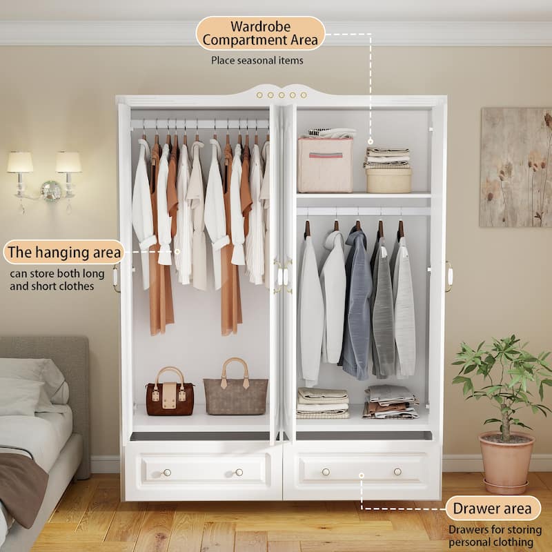White Wardrobe Closet with 2 Drawers - Modern Storage Cabinet