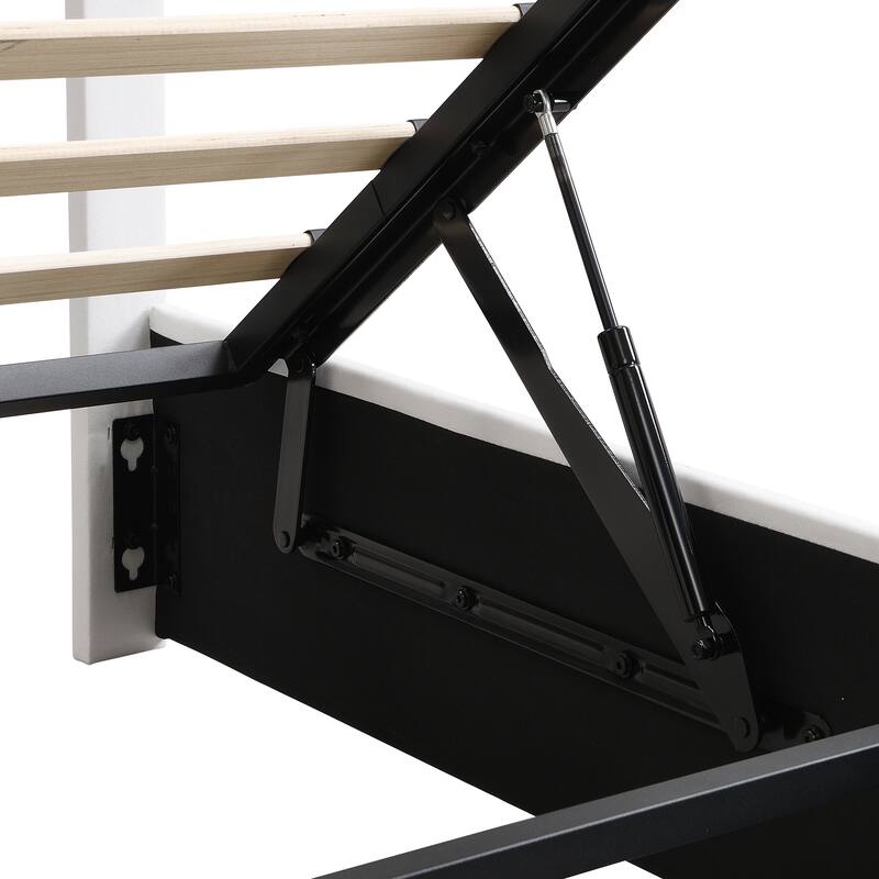 Hydraulic Lift Up Storage Bed, Linen Upholstered Platform Bed Frame with Vertical Panel Headboard, Wooden Slat Support