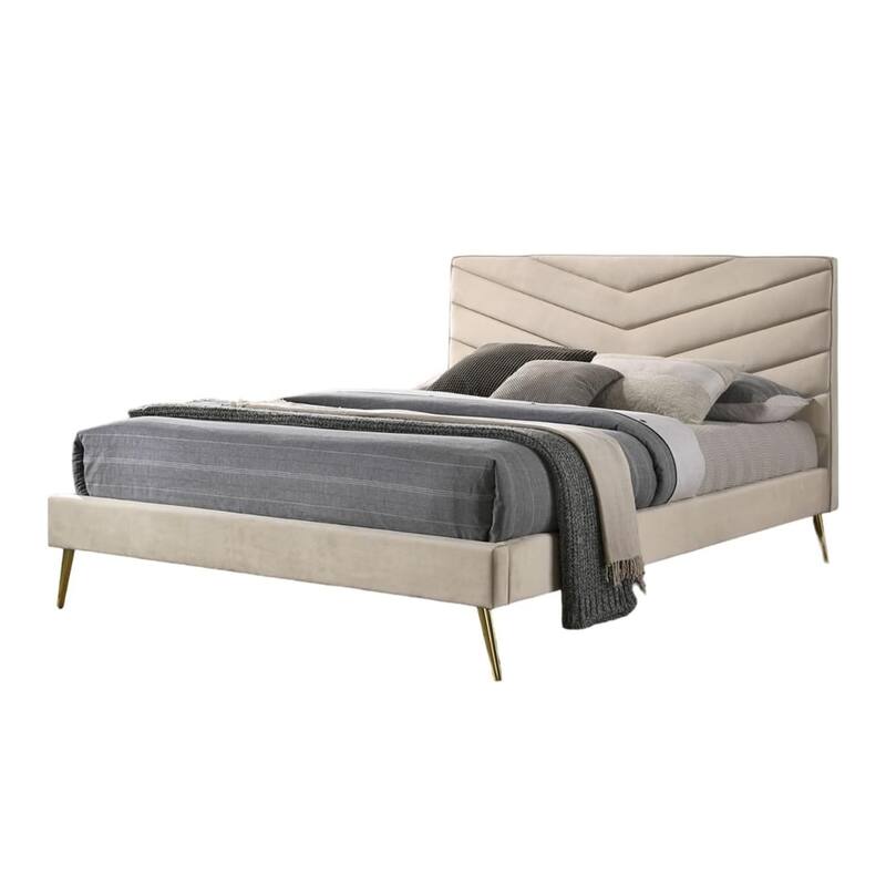 Vevy Queen Size Bed, Chevron Tufted Beige Flannelette Upholstery