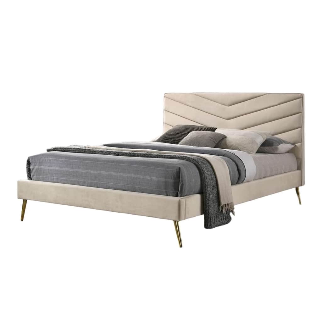 Vevy Queen Size Bed, Chevron Tufted Beige Flannelette Upholstery