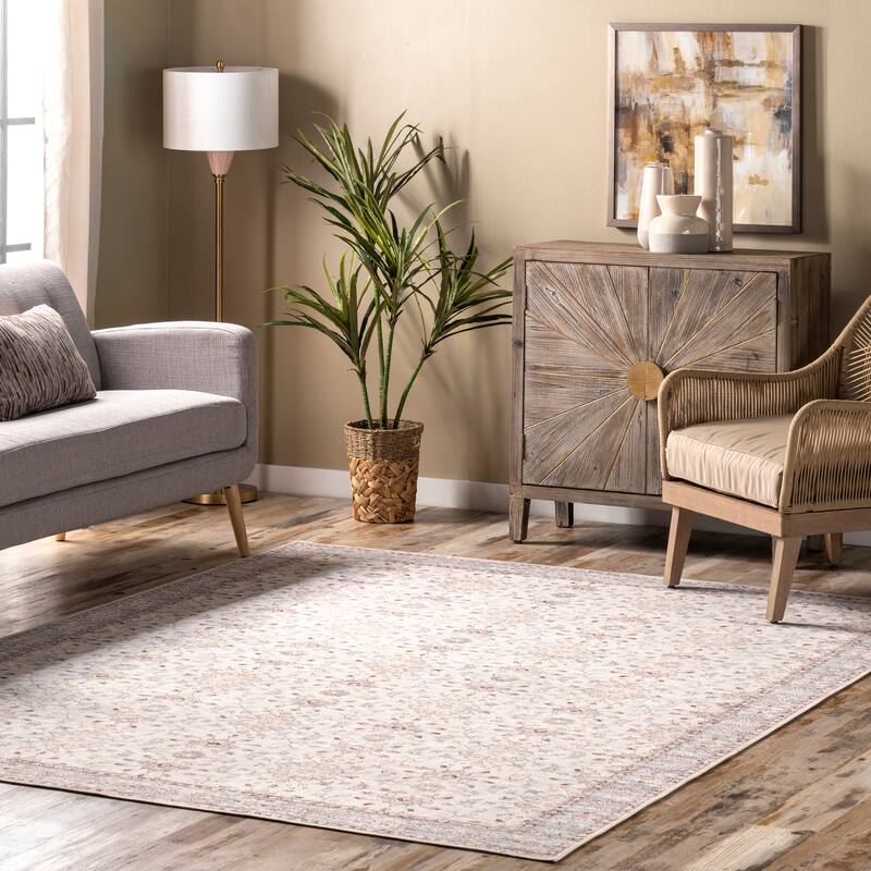 Nuloom Gemma SpinClean Machine Washable Transitional Floral Area Rug - 4' x 6' - Light Beige - Rectangle