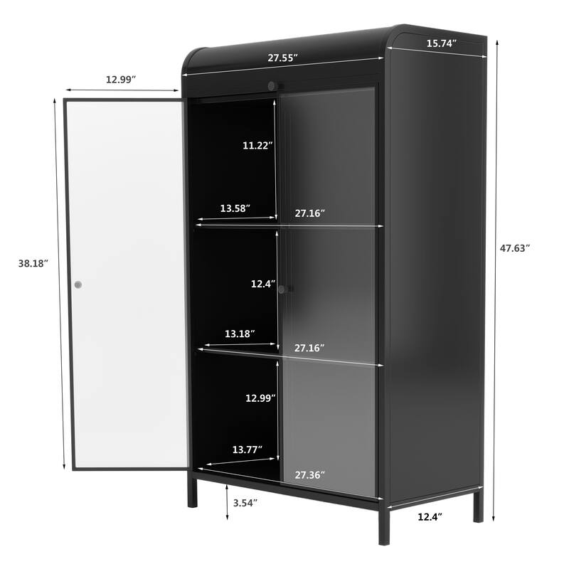 47.6" Tall Metal Storage Cabinet with Glass Doors & Flip-Top, 4-Tier Display Cabinet with Open Shelves
